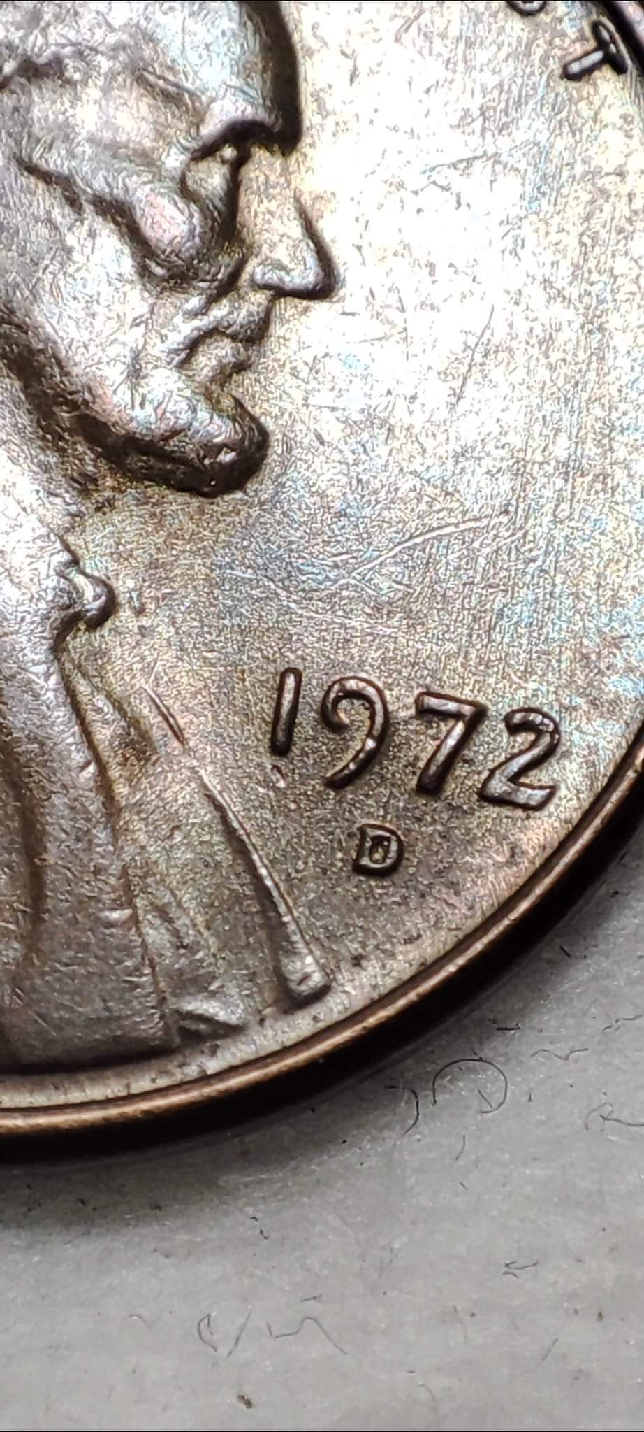 One-Cent-1972-D-USA-/-Over-Polished-Die